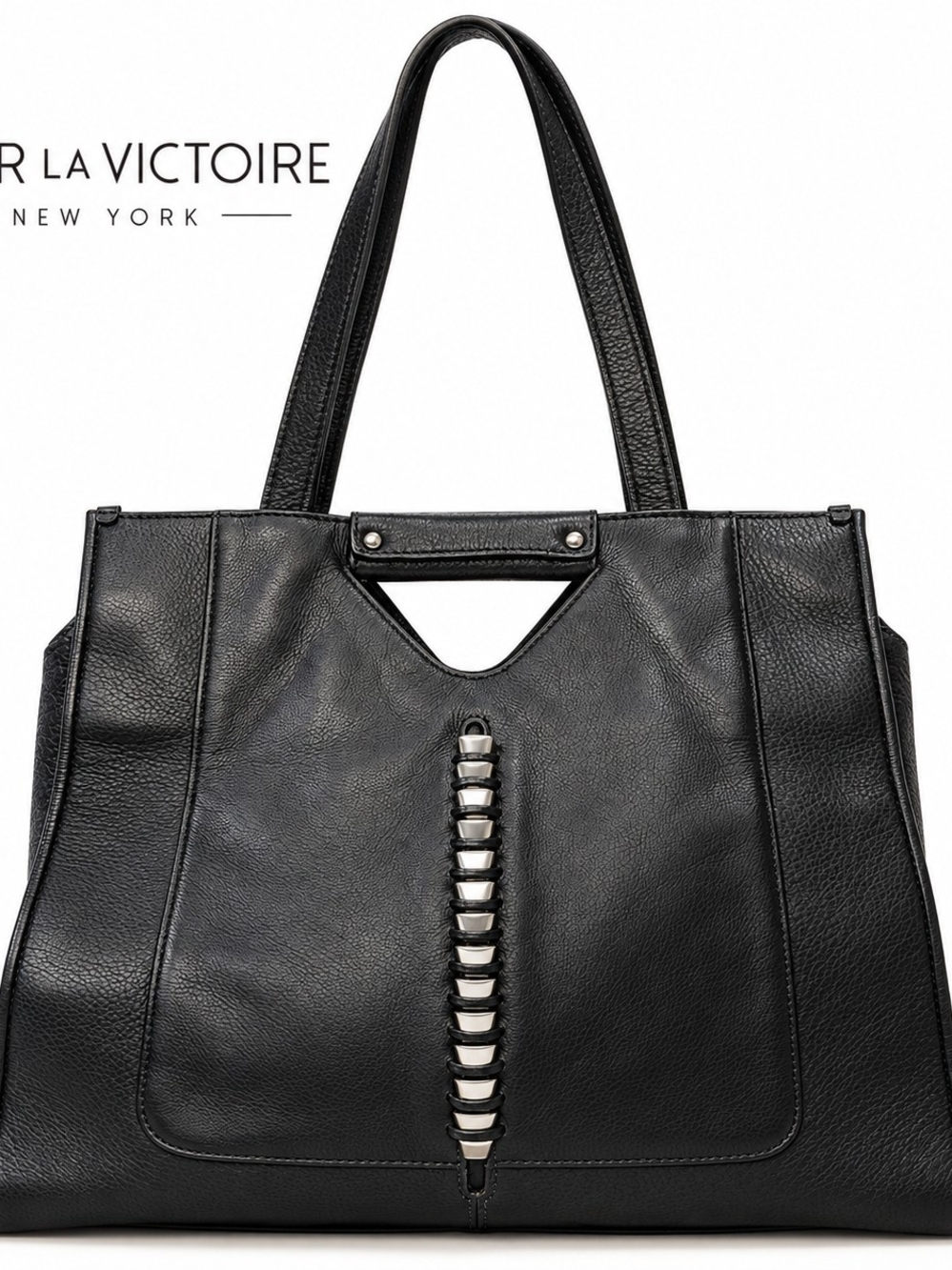 Pour La Victoire Black Pebbled Leather Silver Woven Large Shoulder Tote Bag